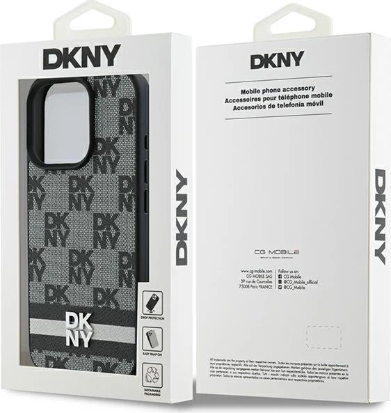 Ovitek za telefon s karo vzorcem in potiskanimi črtami DKNY za iPhone 16 Pro Max, črn