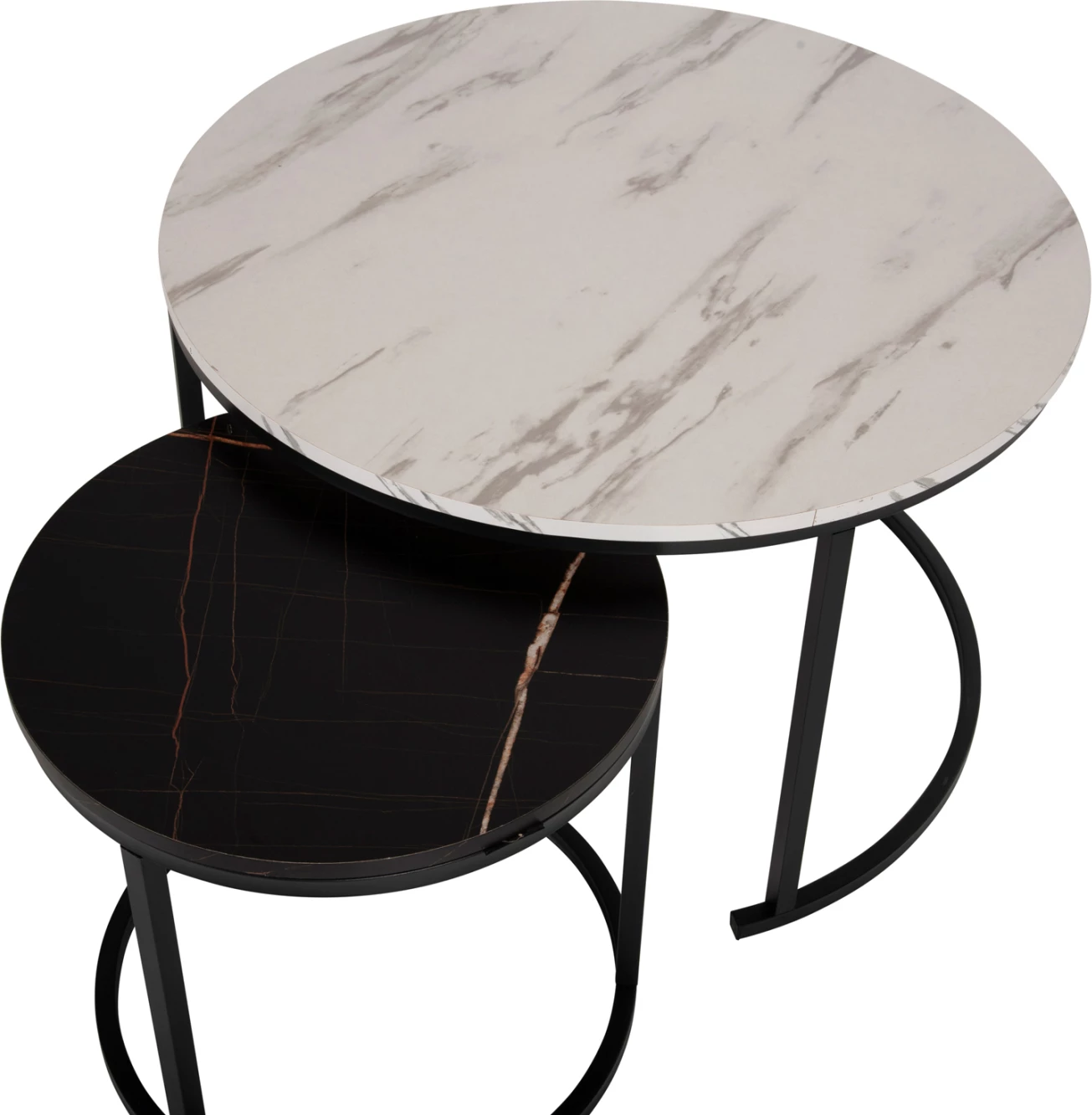 Klubska mizica FH8763.14 2-delni set MDF v videzu marmorja mešane barve s črnimi nogami Φ80-Φ48cm