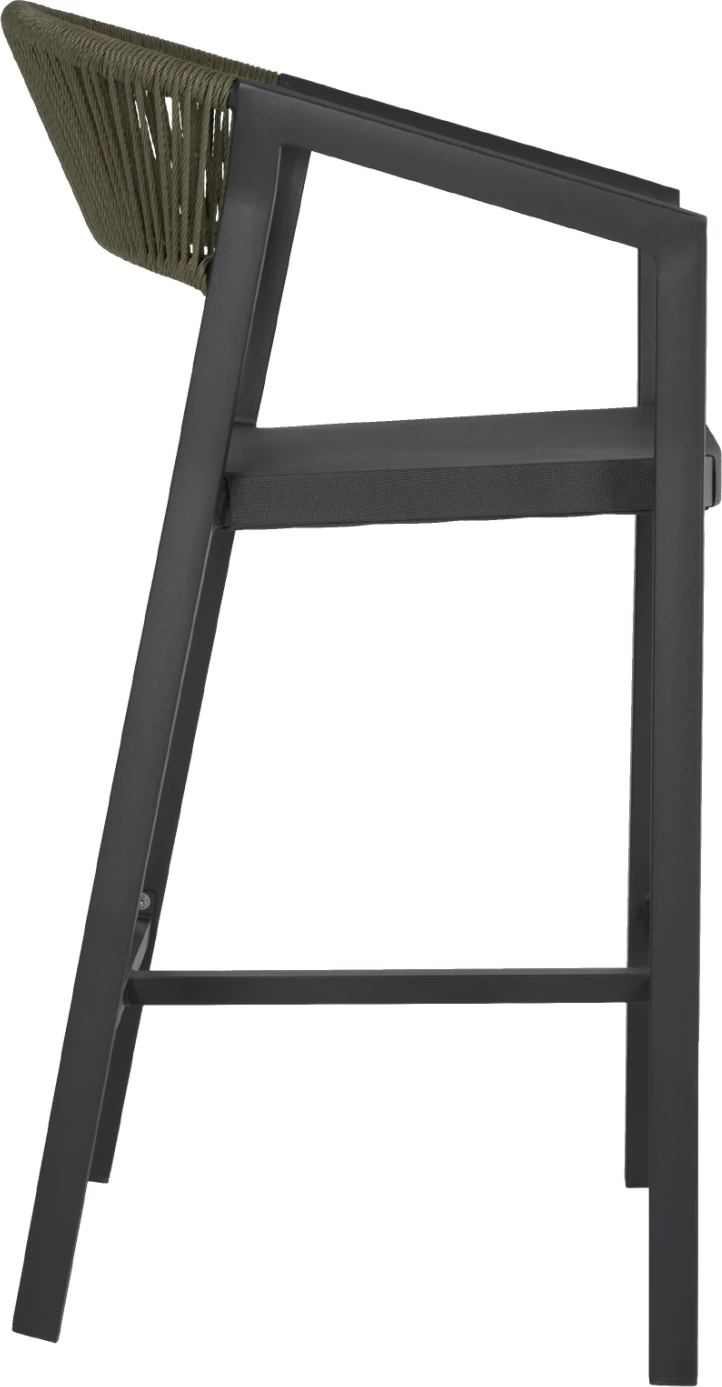 Barski stol iz aluminija v antracitni barvi z nasloni za roke - PE ratan olivno zelene barve - tekstil 56x58x105H cm. FH5892.04