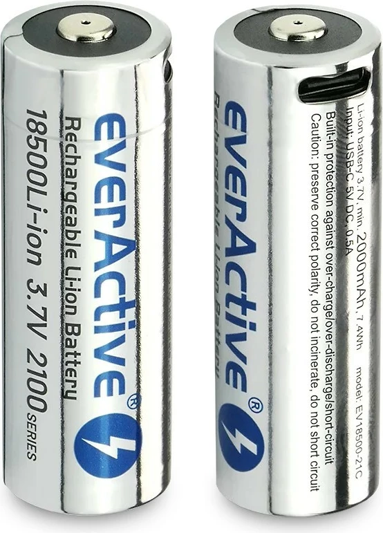 Polnilna baterija everActive 18500 Li-ion 3,7 V, 2100 mAh, USB-C, srebrna