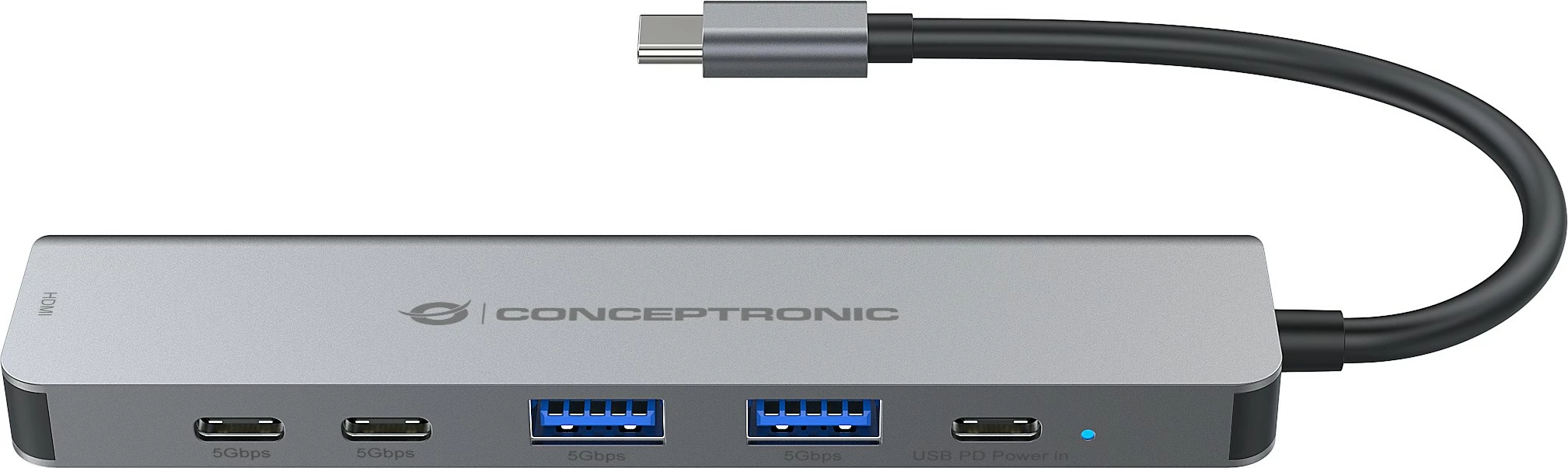 Docking postaja 6-v-1 Conceptronic, USB-C v HDMI/2xUSB-A/2xUSB-C, 25 cm, siva