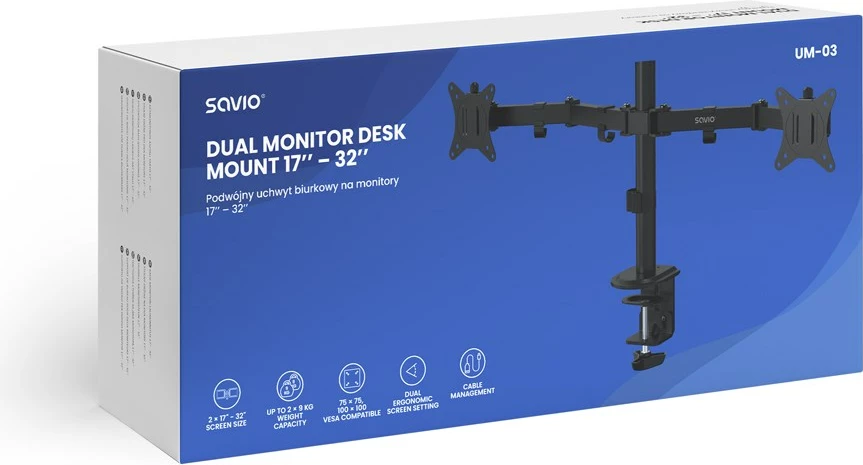 Držalo za dva monitorja Savio UM-03, 17–32 palcev, črno