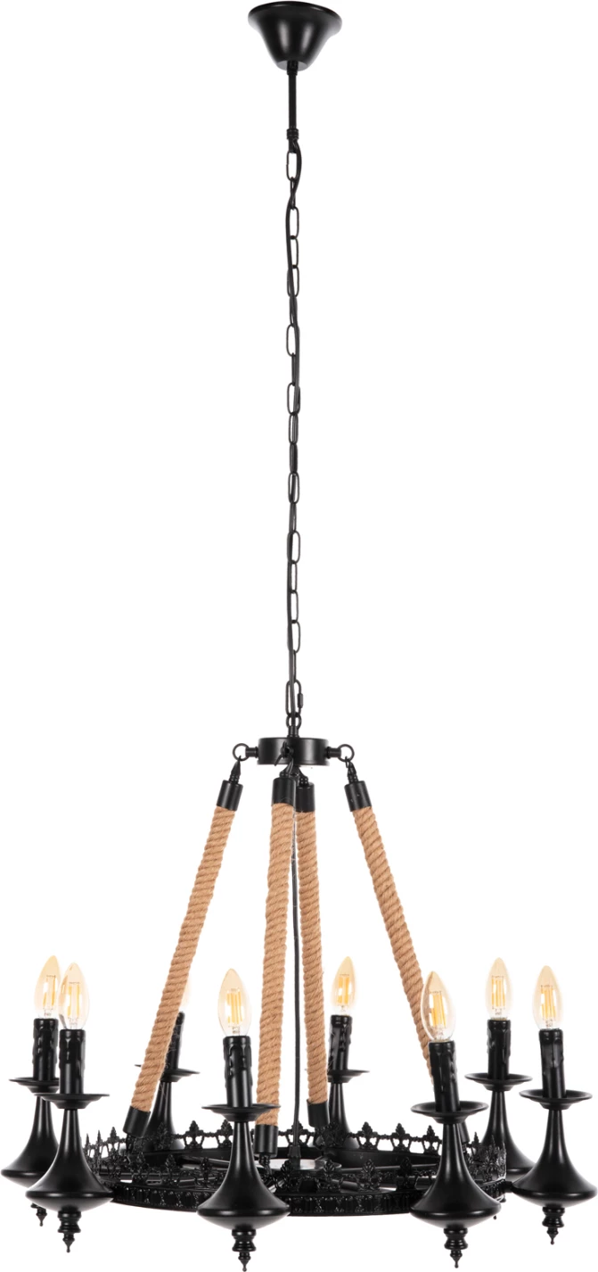 Stropna viseča svetilka z 8 lučmi FH4169 črna kovina-vrv Φ66x131Hcm