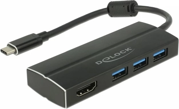 USB razširitveni adapter DeLOCK 63931, 3x USB 3.2, 1x HDMI, 0,15 m, alumin, črn