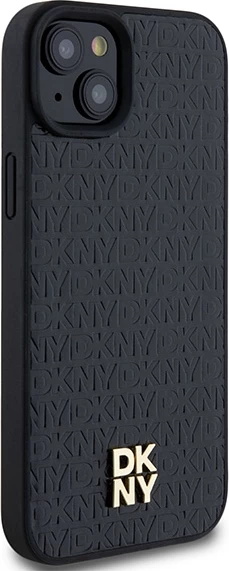 Zaščitni ovitek z monogram vzorcem DKNY, kovinski logotip, MagSafe za iPhone 15 Plus / 14 Plus, črn
