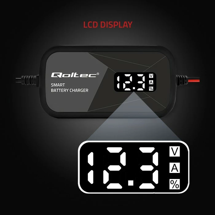 Pametni mikroprocesorski polnilec Qoltec 52492, 12V, 2A, regeneracija celic, LCD, črn