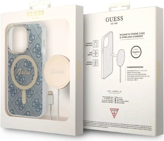 Ovitek za telefon in brezžični polnilec, Guess GUBPP14XH4EACSB, za iPhone 14 Pro Max 6,7", modra