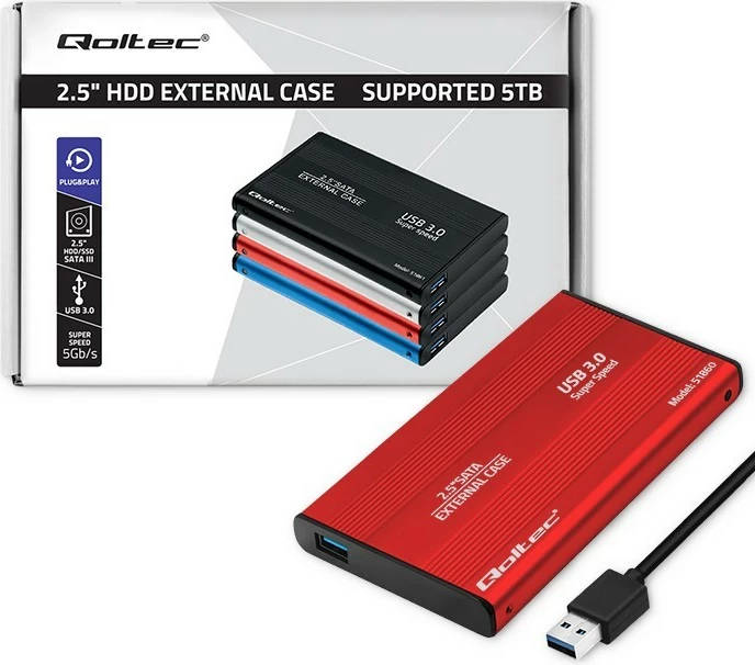 Zunanje ohišje za 2,5" HDD/SSD Qoltec, USB 3.0, rdeče