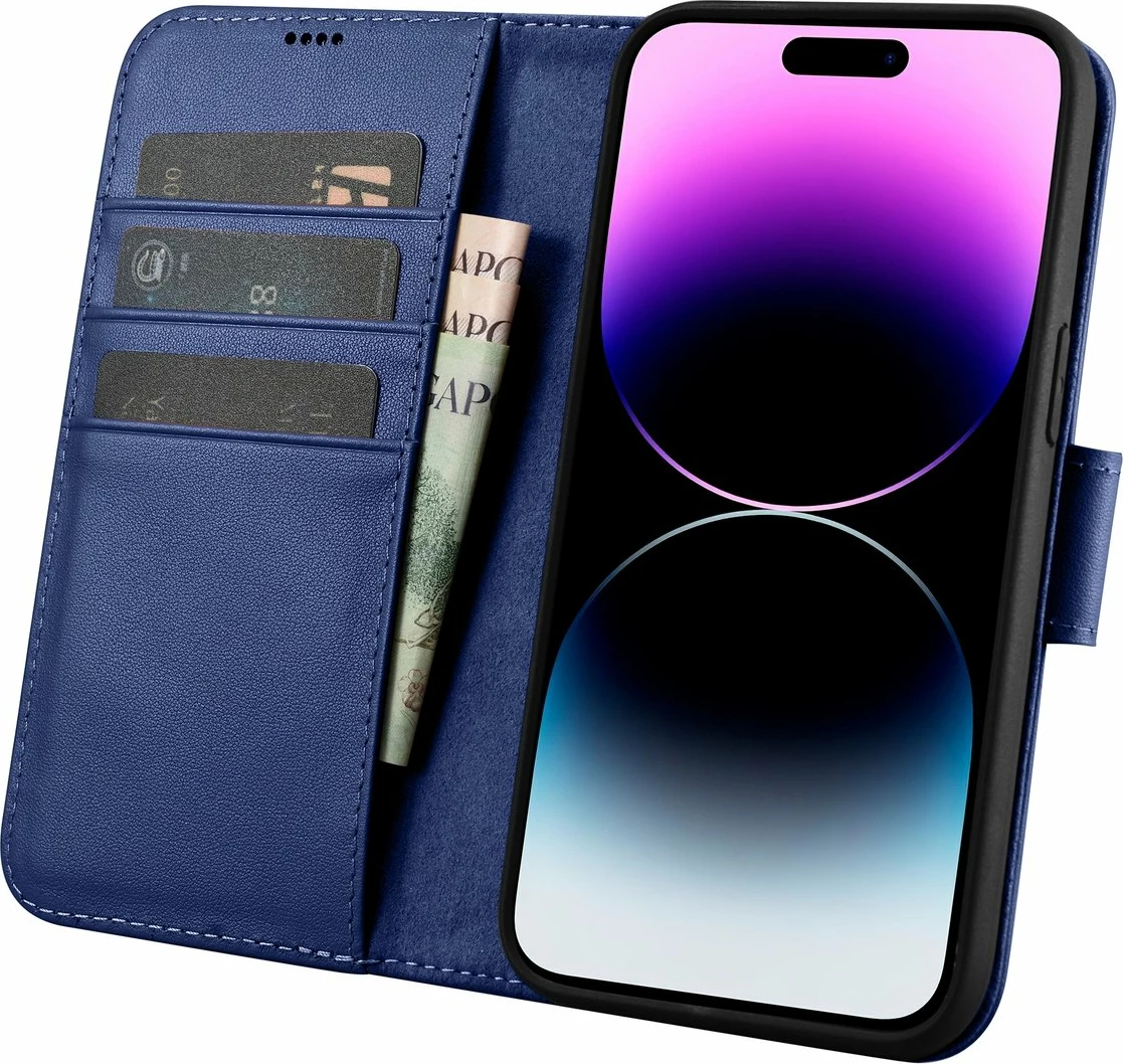 Ovitek za telefon 2-v-1 z denarnico, naravno usnje, Anti-RFID, modra, iCarer Wallet Case za iPhone 14 Pro