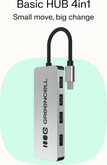 Razdelilec USB-C 4-v-1, Green Cell HUB-GC-C4A, 4x USB-A 3.0 do 5 Gb/s, vgrajen kabel 15 cm, srebrno/črn
