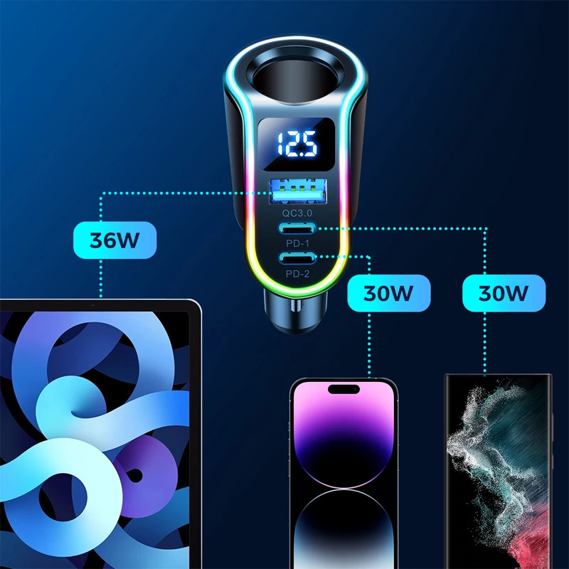 Avtomobilski polnilec Joyroom JR-CL21, 150 W, 3 vrata (USB-A QC3.0, 2× USB-C PD3.0), LED, črn