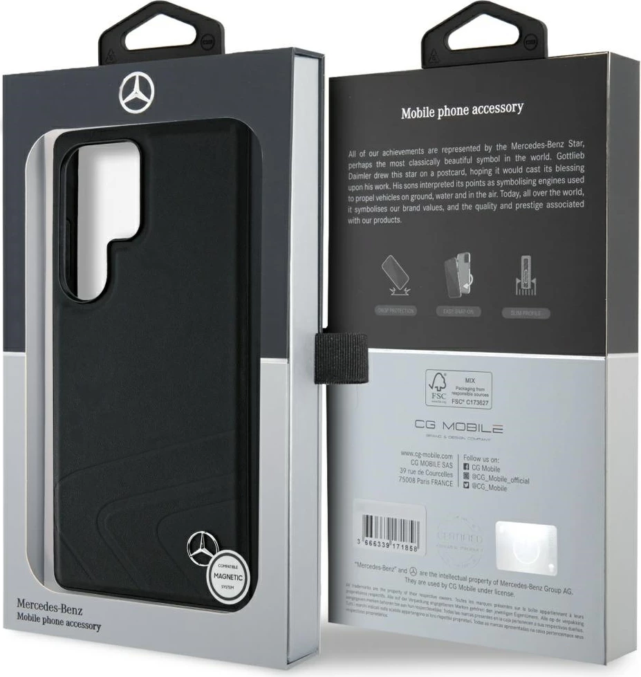 Ovitek iz usnja Mercedes z vodoravnimi vtisi Curves MagSafe za Samsung Galaxy S25 Ultra, črn