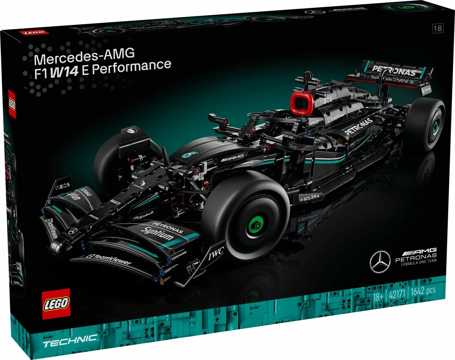 Model dirkalnika Mercedes-AMG F1 W14 E Performance, set gradnje LEGO Technic, 1642 delov, črn