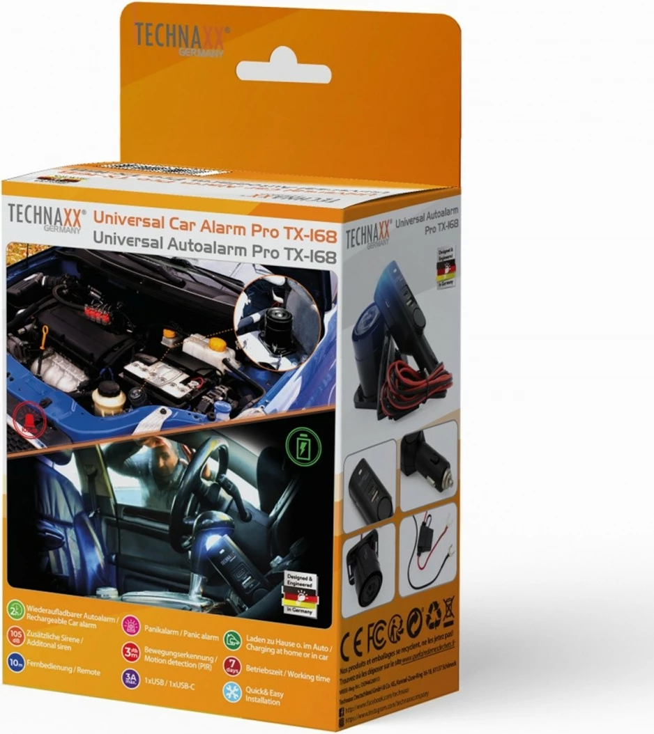 Avtomobilski alarm Technaxx TX-168, univerzalen, z daljinskim upravljalnikom, črn