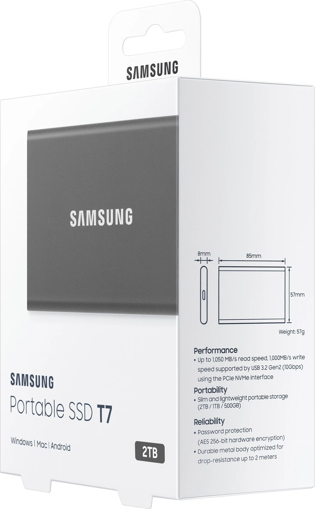Zunanji SSD 2 TB, Samsung T7, USB Type-C, 3.2 Gen 2, siv