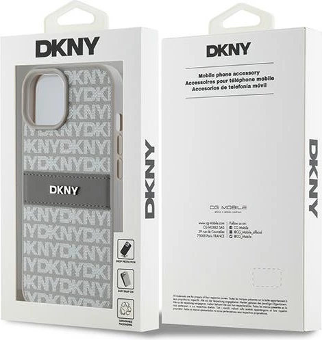 Ovitek za telefon DKNY Mono Stripe & Metal Logo za iPhone 15/14/13, 6,1", bež
