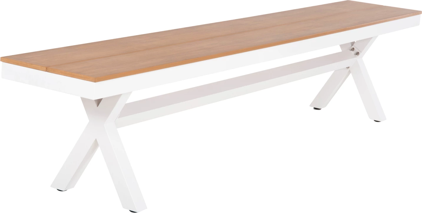 Aluminijasta klop TAWNEE FH6040.02 bela s sedežem iz polilesa v naravni barvi lesa 220x36x44,5Hcm