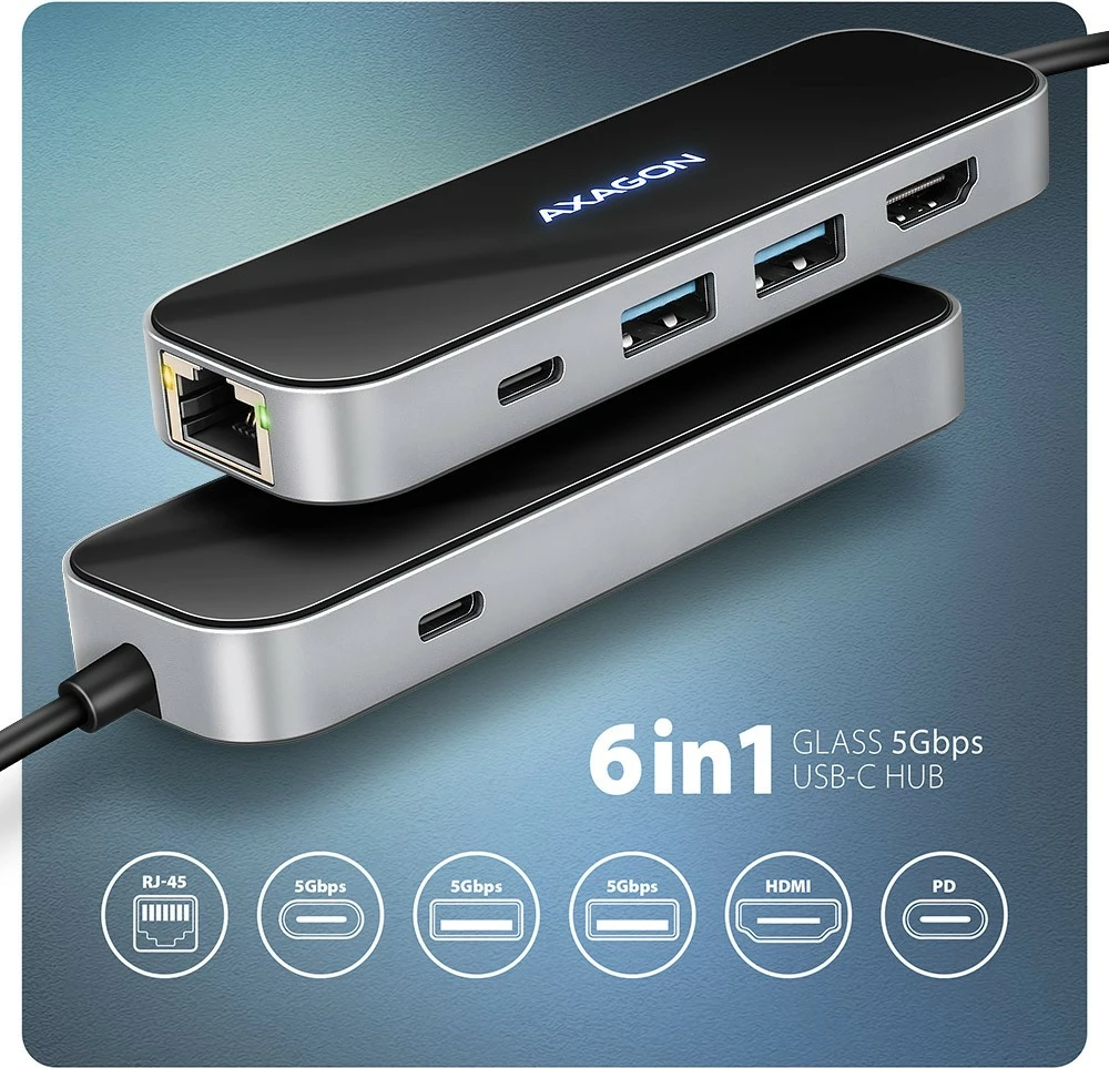 Multiportni USB-C hub 6-v-1, 5Gbps, 2x USB-A, 1x USB-C, GLAN, HDMI 4K/60Hz, PD 100W, 20 cm, črn/srebrn — AXAGON HMC-6GLN