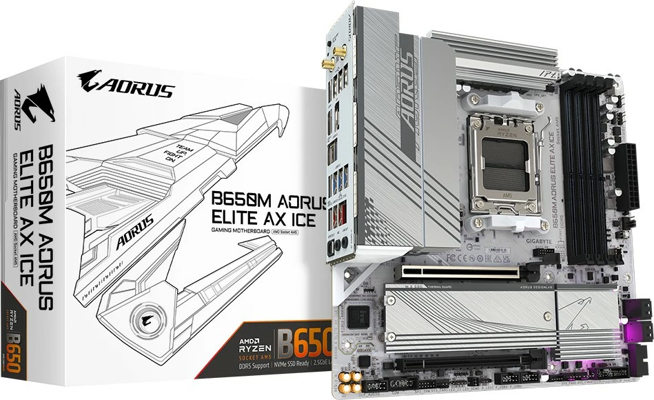 Matična plošča B650M AORUS ELITE AX ICE Gigabyte, Socket AM5, DDR5, PCIe 5.0, WiFi 6E, srebrna