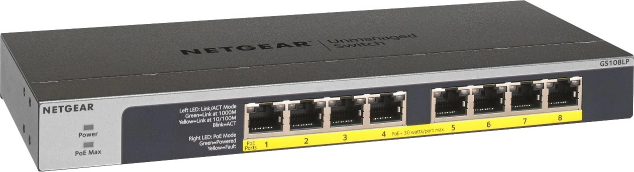Gigabit Ethernet preklopnik NETGEAR GS108LP, PoE, 1U