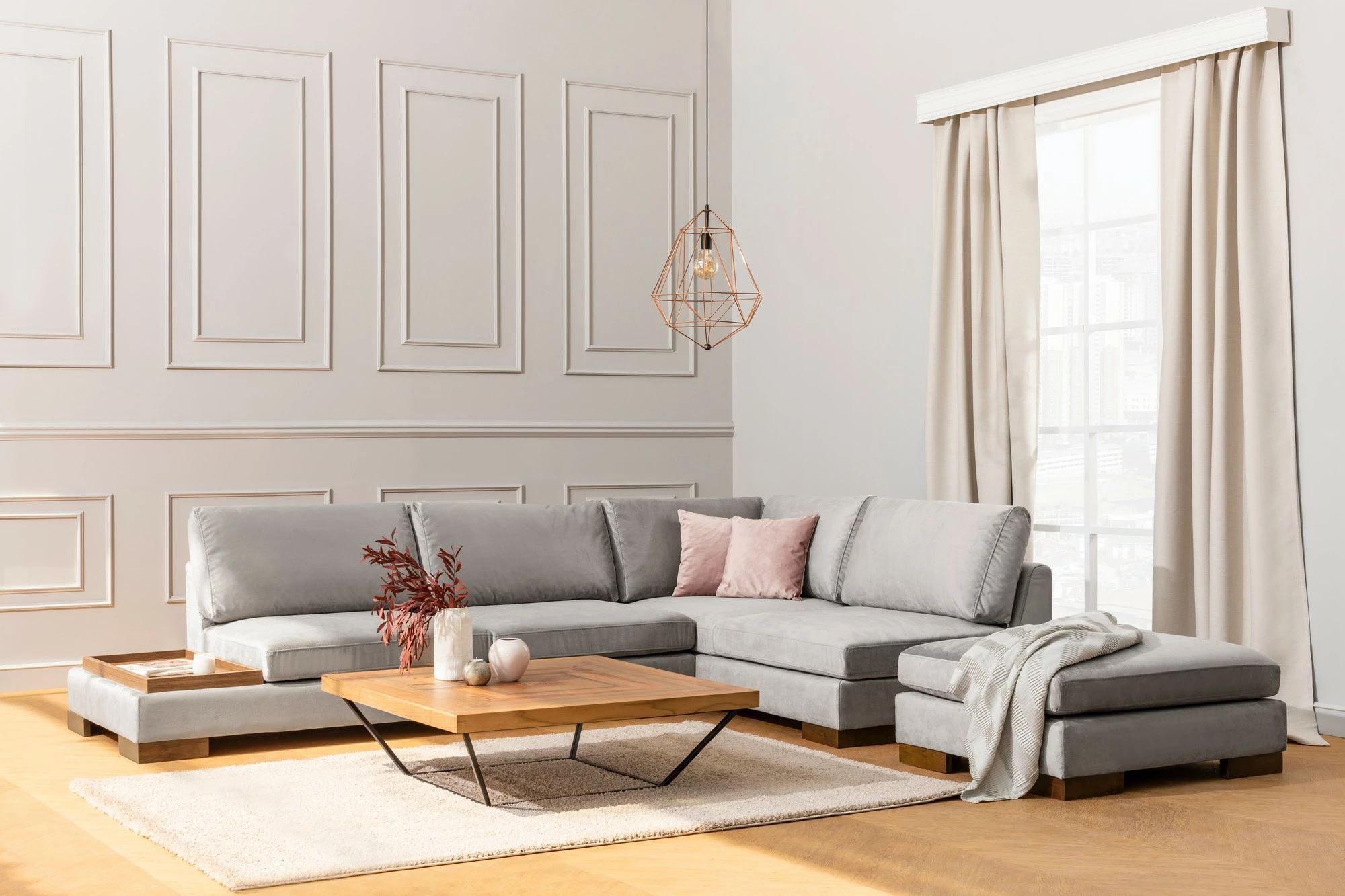 Kotna sedežna garnitura Tulip, desna s pufom — Atelier del Sofa, svetlo siva