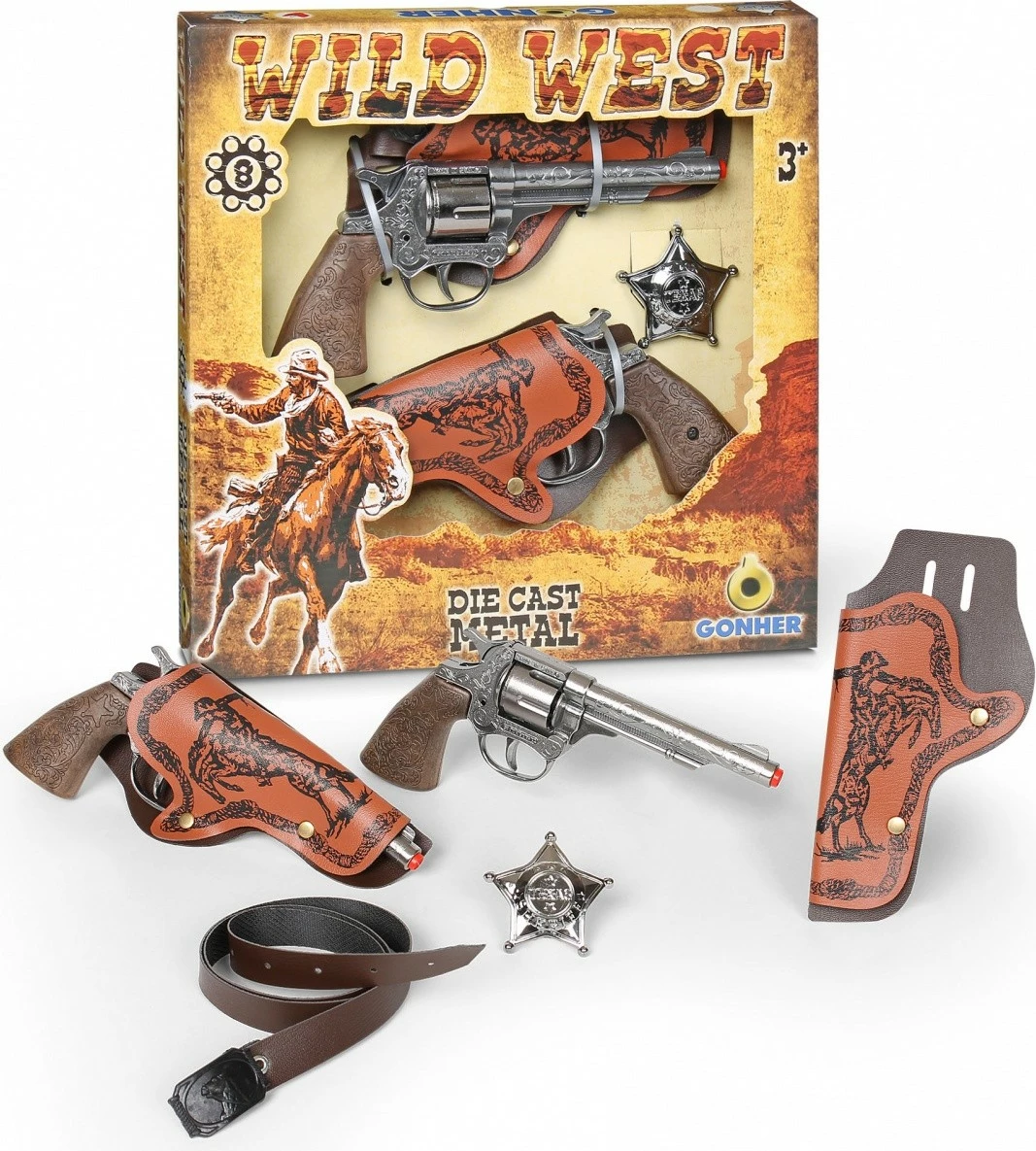Igralski kavbojski set Pulio Gonher 155158/0 s 2 revolverjema, značko in futraloma, rjava/srebrna