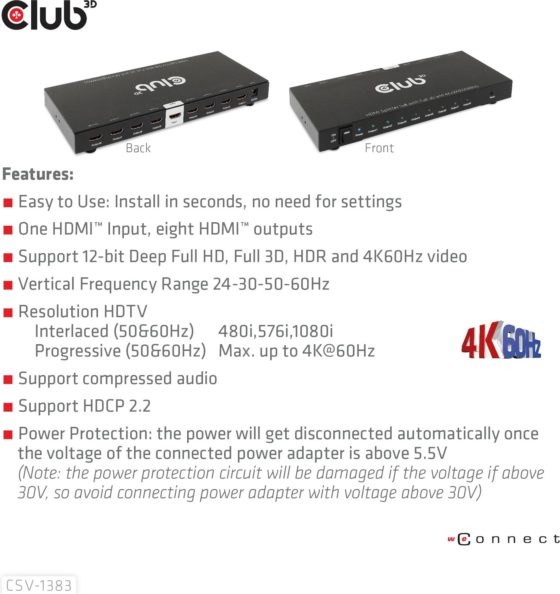 HDMI razdelilec Club3D CSV-1383, 8 izhodov, 4K60Hz, črn