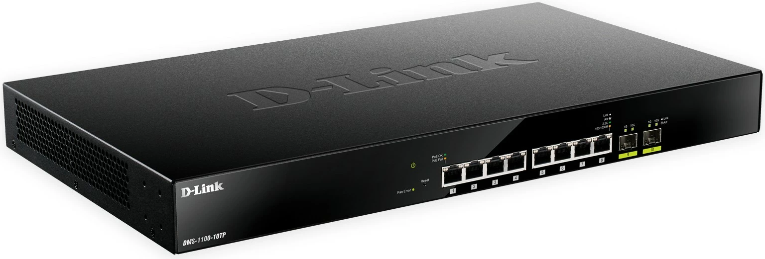 Stikalo D-Link DMS-1100-10TP, upravljano, 10 vrat, PoE+, Multi-Gigabit, črno