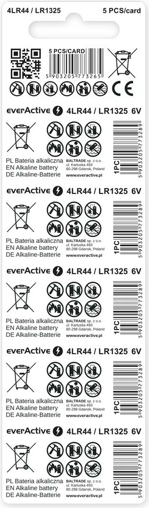 Alkalijske baterije everActive 4LR44/LR1325/544A, 6 V, paket 5 kosov