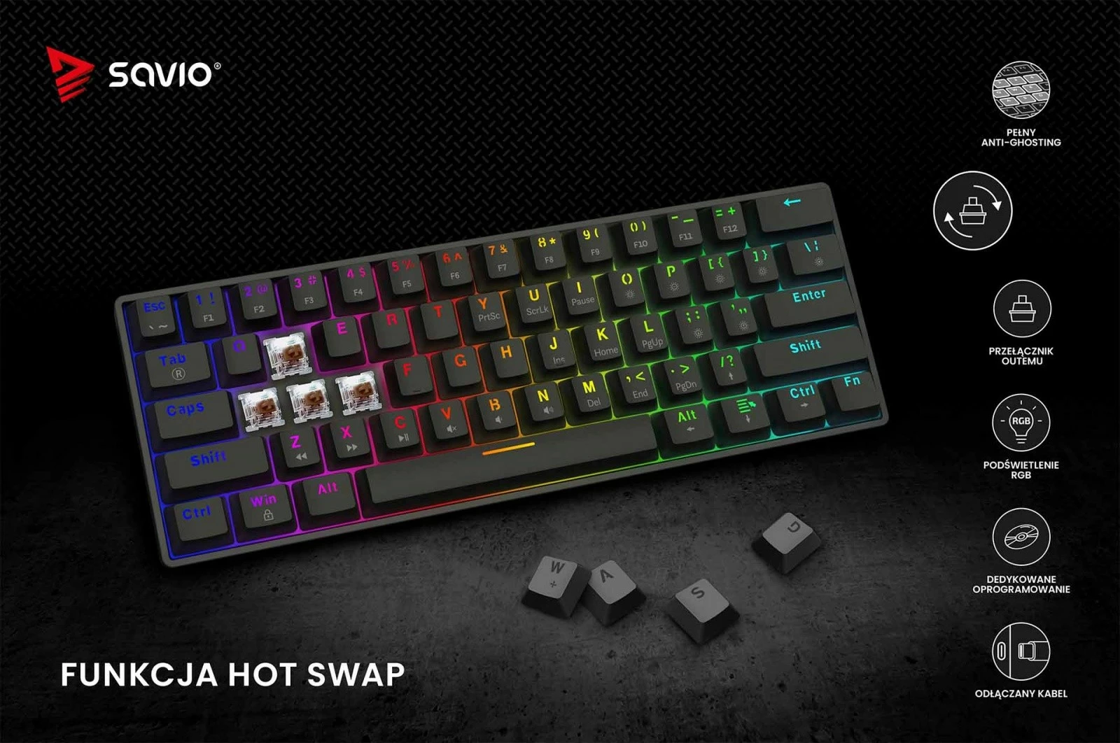 Mehanska tipkovnica, Savio Blackout X2 OUTEMU Brown, 60 %, ARGB, Hot Swap, črna