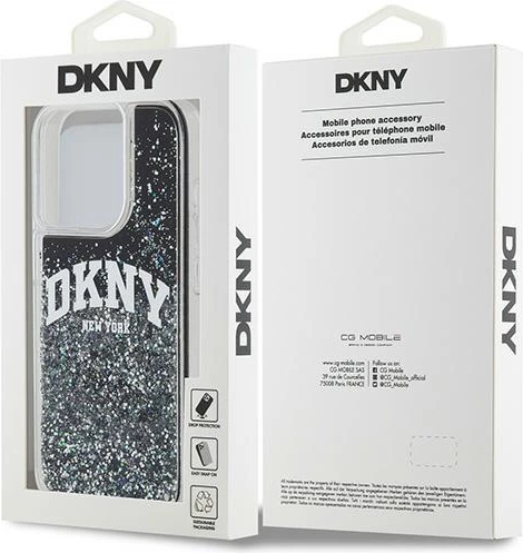 Ovitek za telefon z tekočimi bleščicami in velikim logotipom DKNY za iPhone 14 Pro, črn