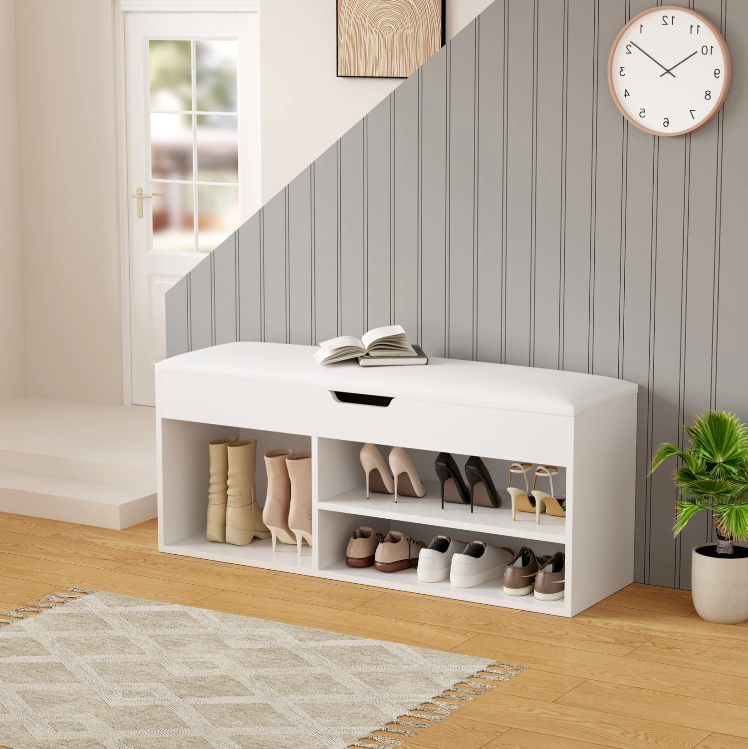 Stojalo za čevlje z sedežem ROMIR FH2478.03 melamin v beli barvi-beli sedež 100x30x44Hcm
