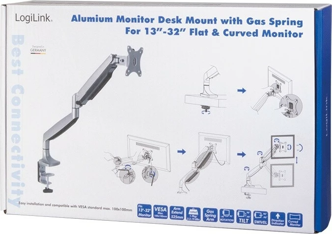 Nosilec za monitor za mizo, 13-32 inč, do 9 kg, LogiLink BP0042, srebrn