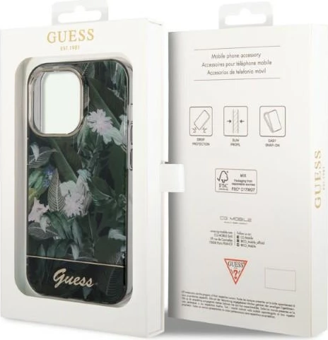 Trd ovitek z rastlinskim vzorcem, Guess Jungle Collection za iPhone 14 Pro 6,1", zelen