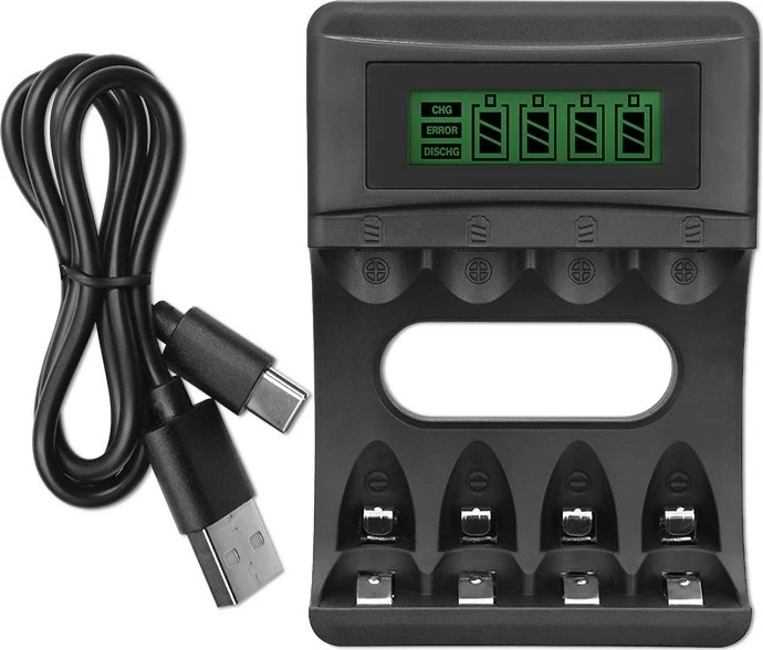 Polnilec baterij Qoltec 50654, Ni-MH/Ni-Cd, 4 mesta, z LCD zaslonom, črn