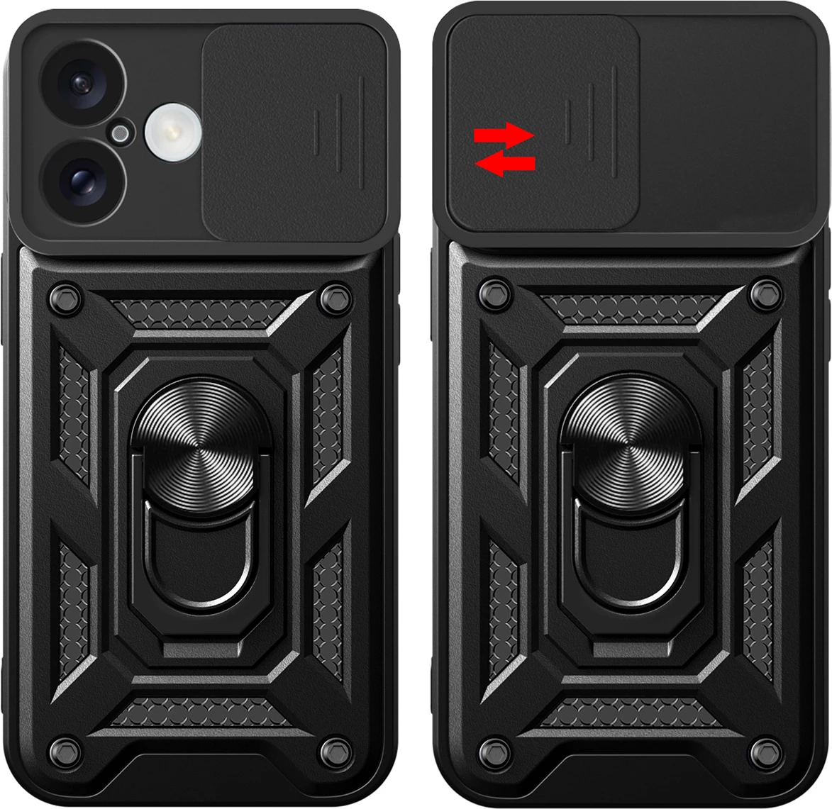 Ovitek za telefon Hybrid Armor Camshield, Hurtel, za iPhone 16, s pokrovom za kamero in stojalom, črn