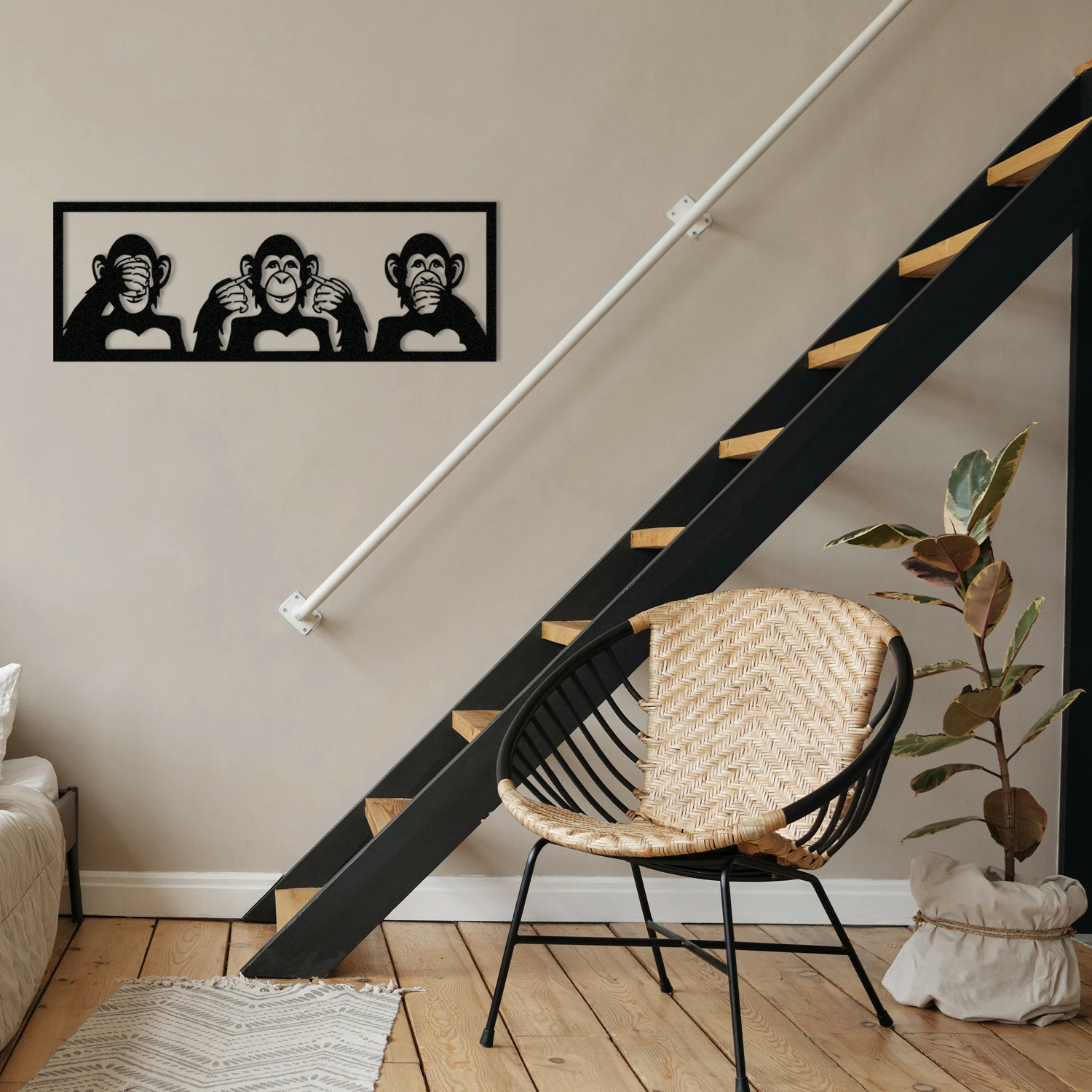 Dekorativni kovinski stenski okrasek, trije opice, Wallity, črn, 70 x 25 cm