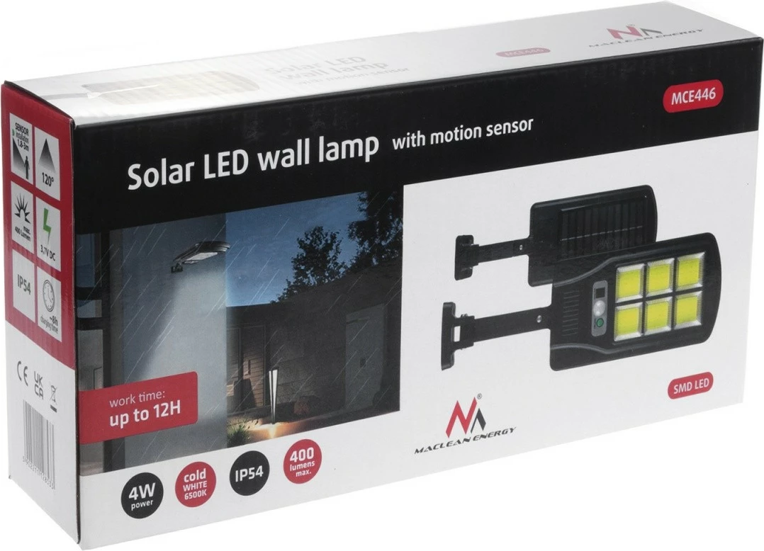 LED solarna ulična svetilka z gibljivostnim senzorjem in daljinskim upravljalnikom, Maclean MCE446, 400 lm, IP54, črna