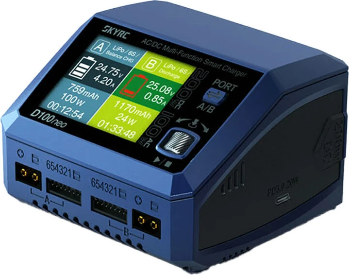 Polnilec SkyRC D100neo, 2 priključka, 200 W, USB-C, moder