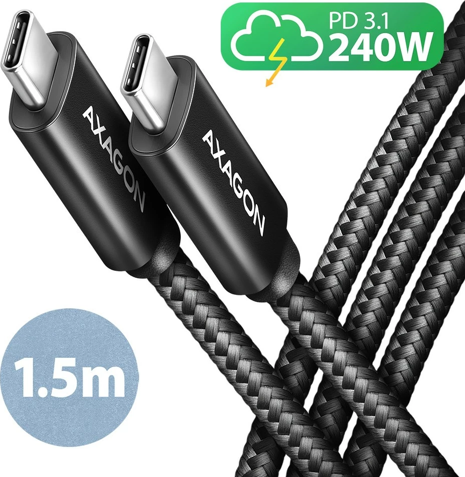 Kabel USB-C na USB-C AXAGON BUCM2-CM15AB, 1,5 m, 240W PD 3.1, črn