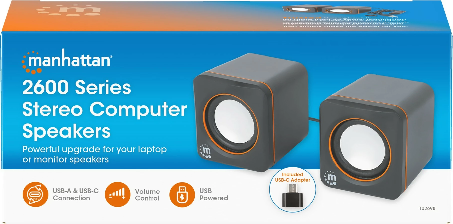 Stereo zvočniki, Manhattan 2600 Series, 2.0 kanal, 6 W, USB-A/USB-C, črno/oranžni
