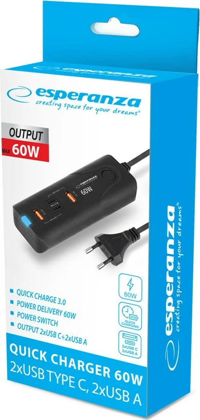 Hitro polnilo, Esperanza EZC109, 60W, črno