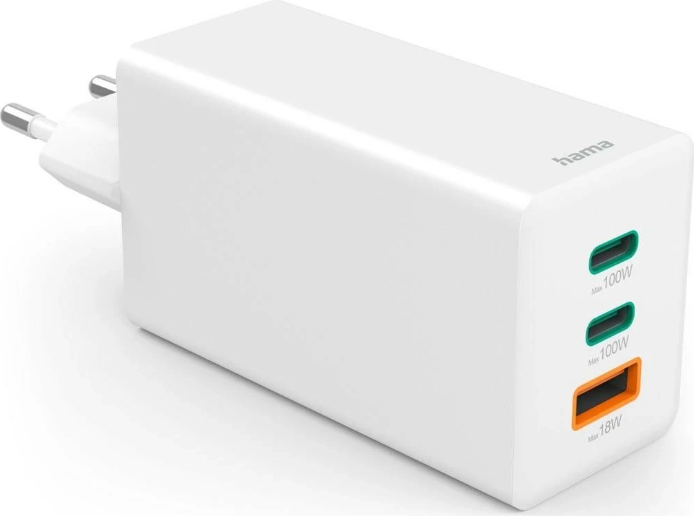 Močilen polnilec 100W Hama, mini GaN, 2x USB-C, 1x USB-A, bel