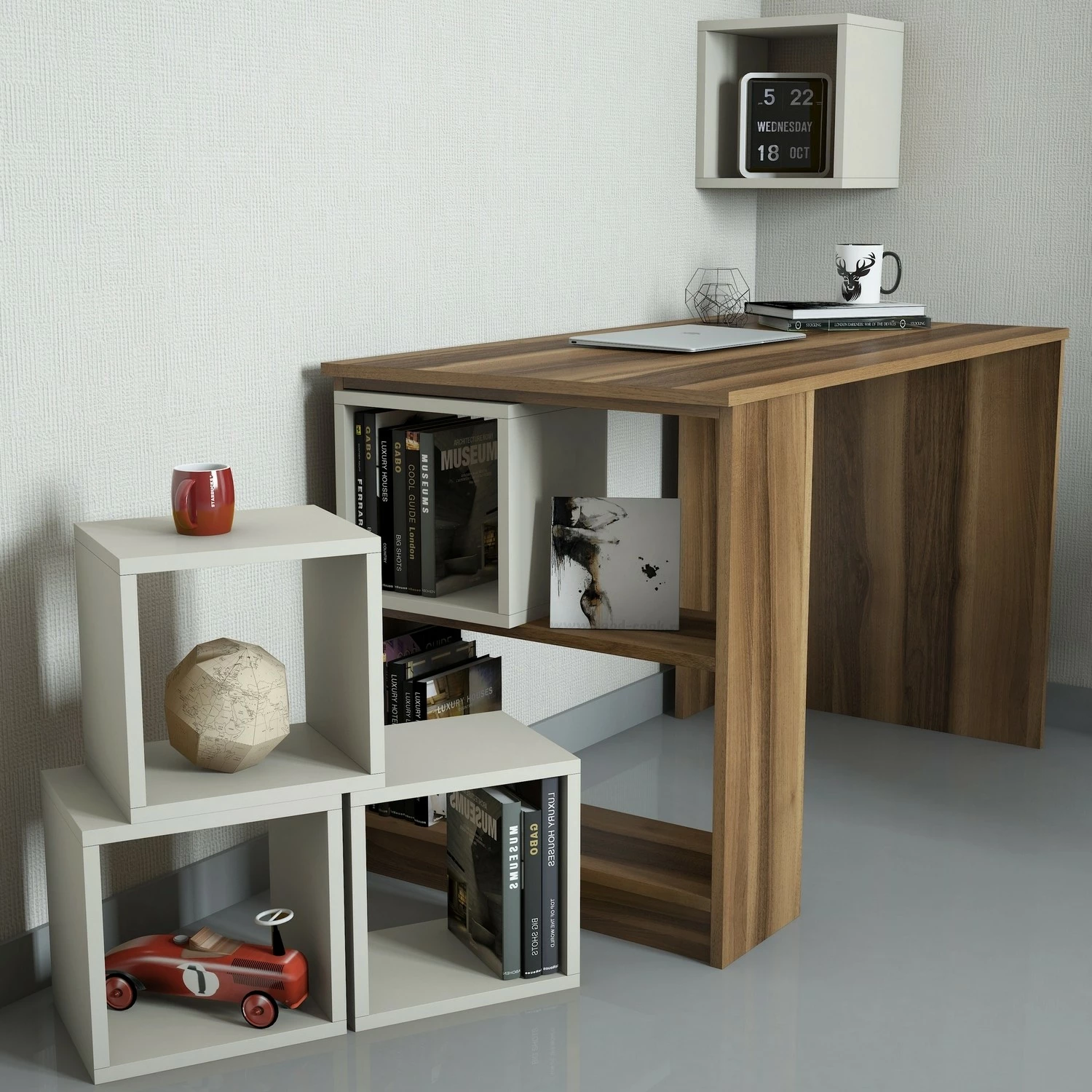 Pisalna miza z omarico Hanah Home, oreh, krem