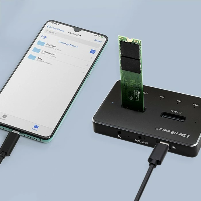 Postaja za dokiranje SSD M.2, NVMe/SATA, USB-C, 2x2TB, črna, Qoltec 52274