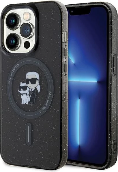 Ovitek z bleščicami Karl Lagerfeld Karl&Choupette MagSafe za iPhone 15 Pro, črn