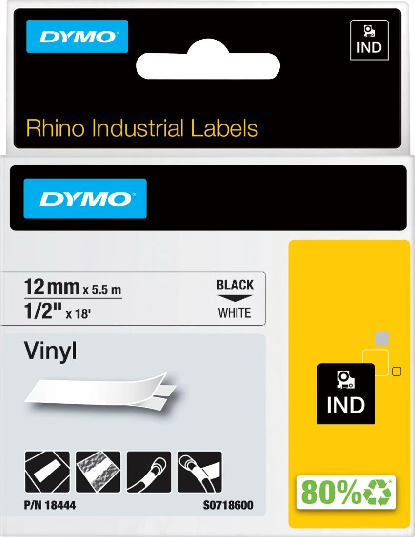 Vinilni etiketni trak za označevanje 12 mm x 5,5 m, črno na belem — Dymo Rhino Industrial 18444