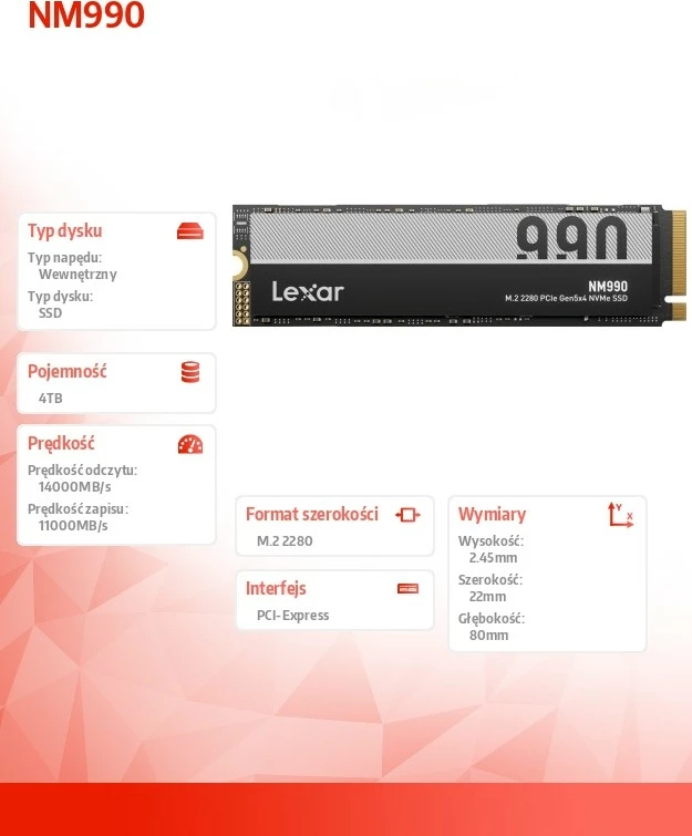 Notranji SSD Lexar NM990, 4TB, M.2 2280, PCIe Gen5