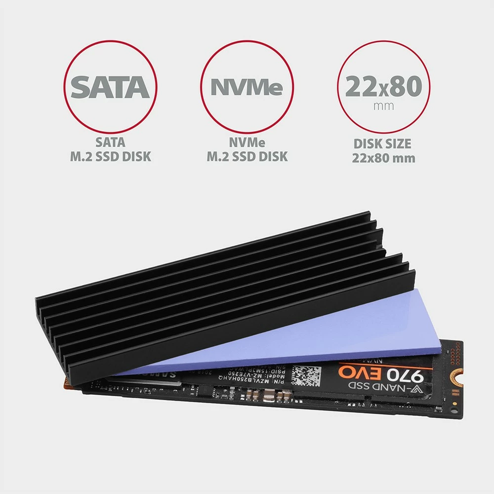 Pasivni radiator za SSD M.2, alumin, 22x80 mm, črn, AXAGON CLR-M2L6