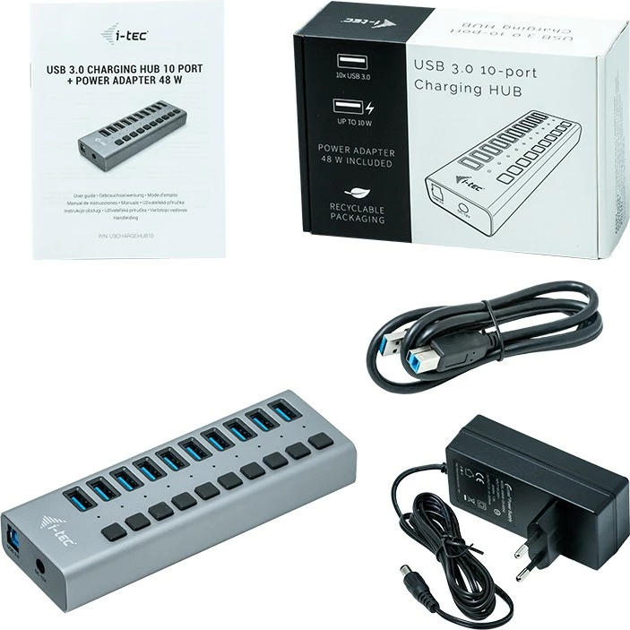 USB HUB, 10 vrat USB 3.0, aktiven, i-tec U3CHARGEHUB10, sivi
